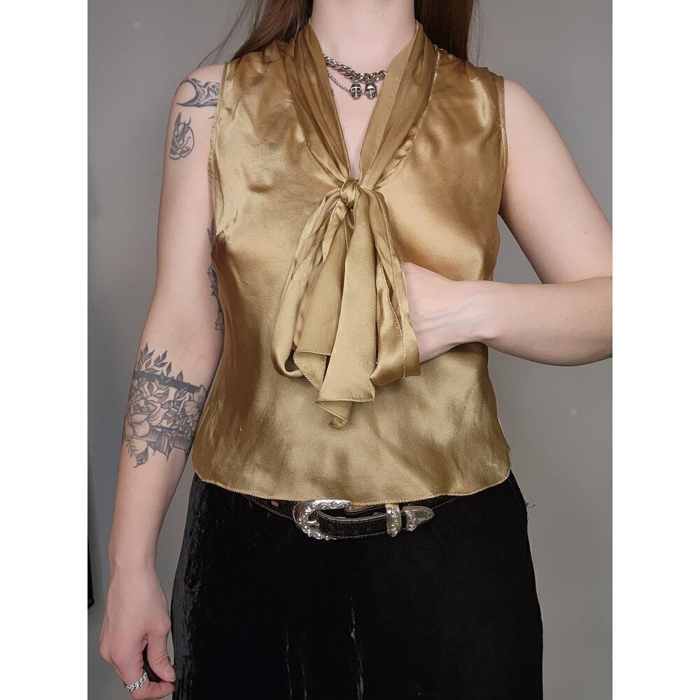 Y2k The Limited Gold Shimmery V-Neck Tie Front Poet Silk Croquette Tank Top Sz S - Picture 6 of 8